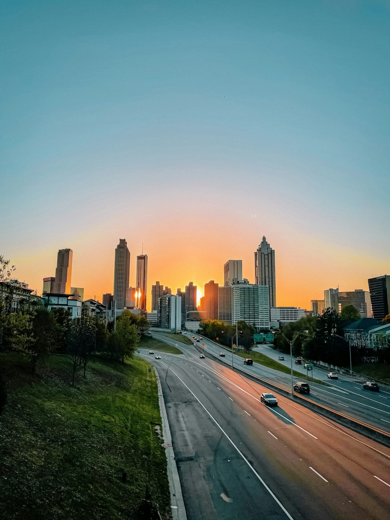 The downtown Atlanta skyline at sunset, seen along the Downtown Connector