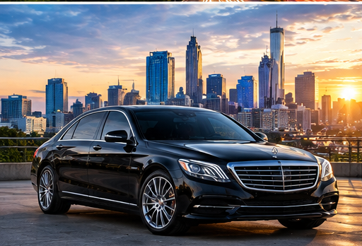 A black sedan in front of a city skyline at sunset