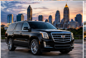 Black executive SUV with the Atlanta skyline behind it