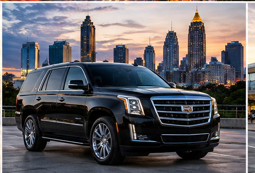 A black SUV parked in front of the Atlanta skyline at dusk