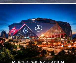 Mercedes-Benz Stadium in Atlanta, lit up at night