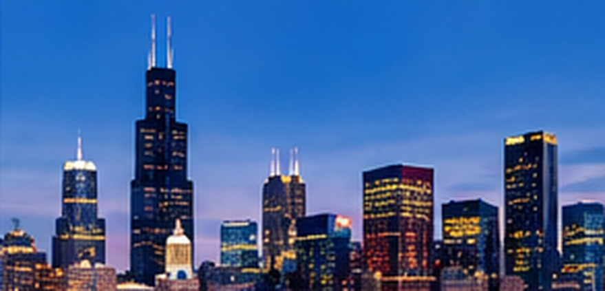 The Chicago skyline at dusk, with the Willis Tower