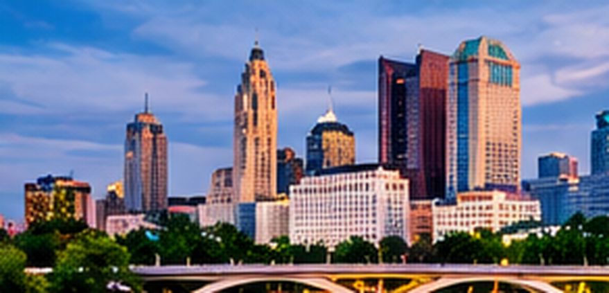 The Columbus skyline above a bridge and trees