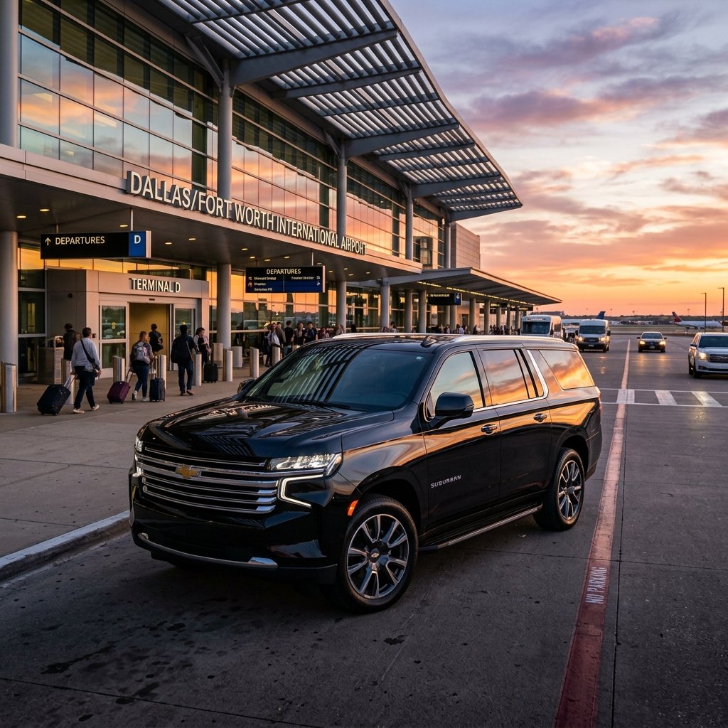 A black SUV at an airport terminal departures kerb