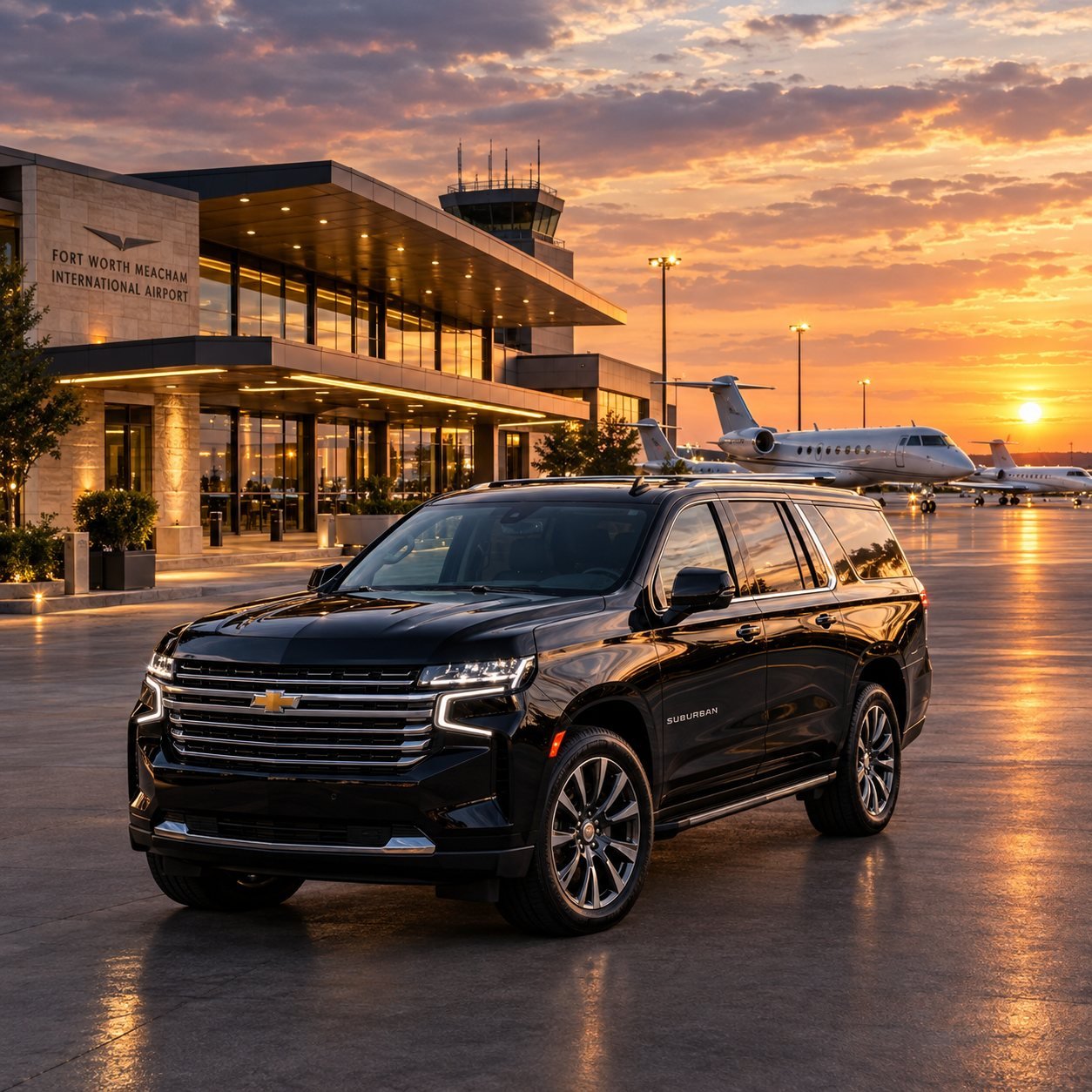 Black Chevrolet Suburban on a private-aviation ramp beside business jets at sunset