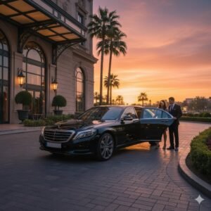 Chauffeur opening the rear door of a black sedan at a hotel entrance at sunset for an evening event transfer