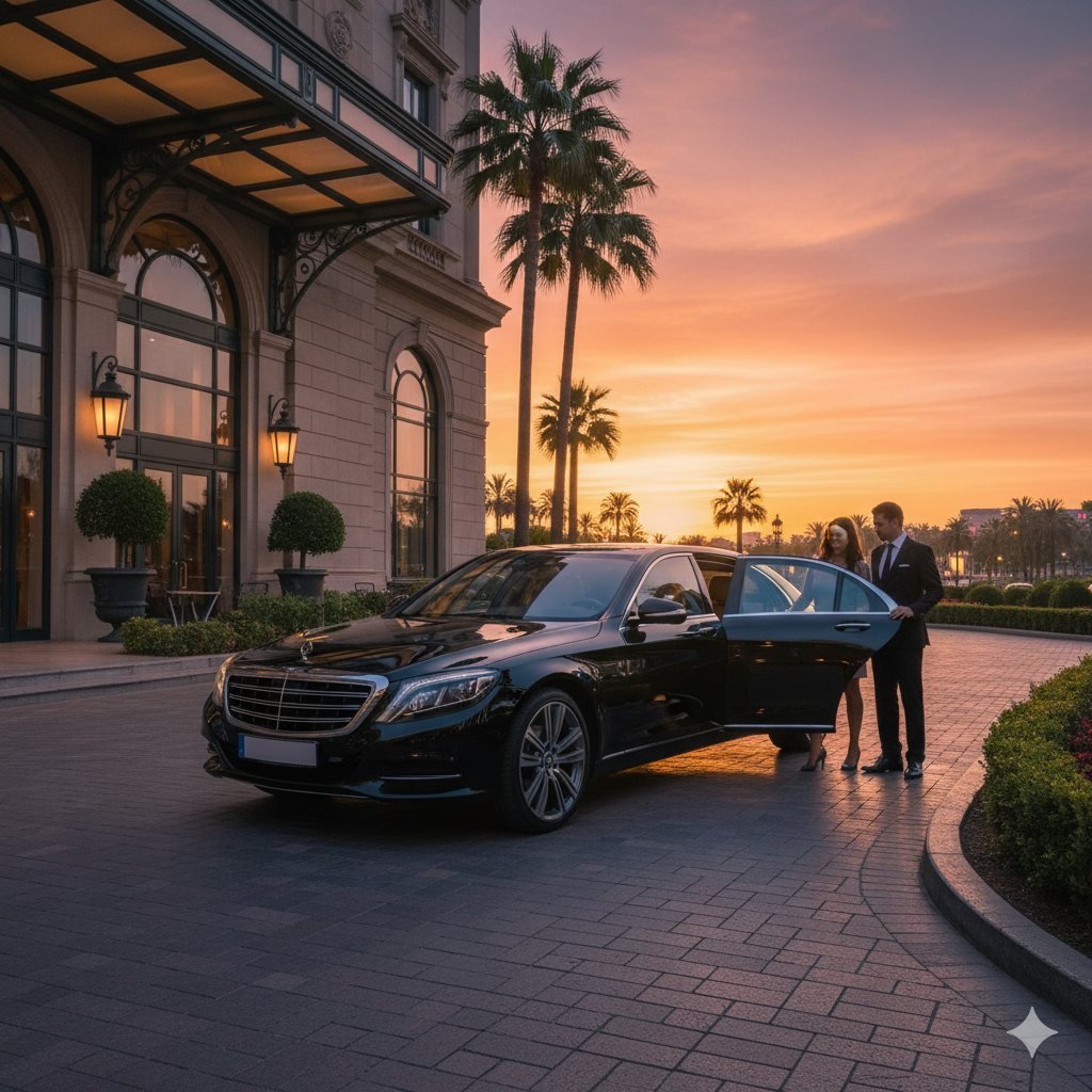 Chauffeur opening the rear door of a black sedan at a hotel entrance at sunset