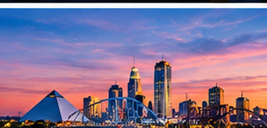 The Memphis skyline at sunset, with the pyramid and a bridge