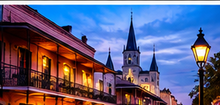 A French Quarter street at dusk, with iron balconies and a cathedral spire