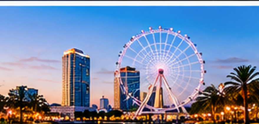 Orlando at dusk, with an observation wheel and palm trees