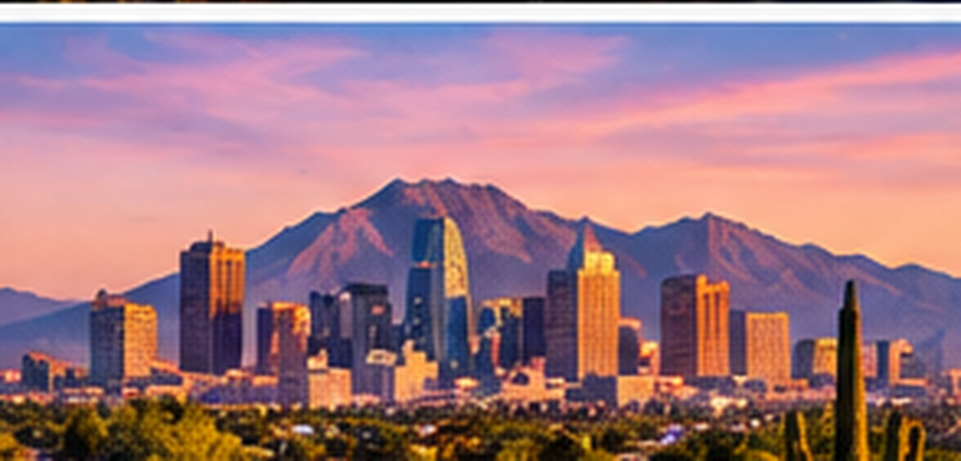 The Phoenix skyline at sunset, with mountains behind