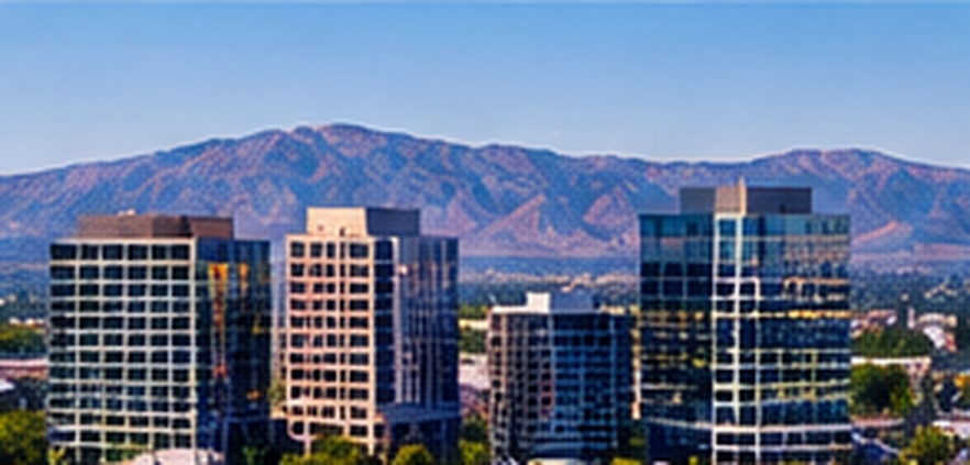 Office towers in San Jose, with hills behind