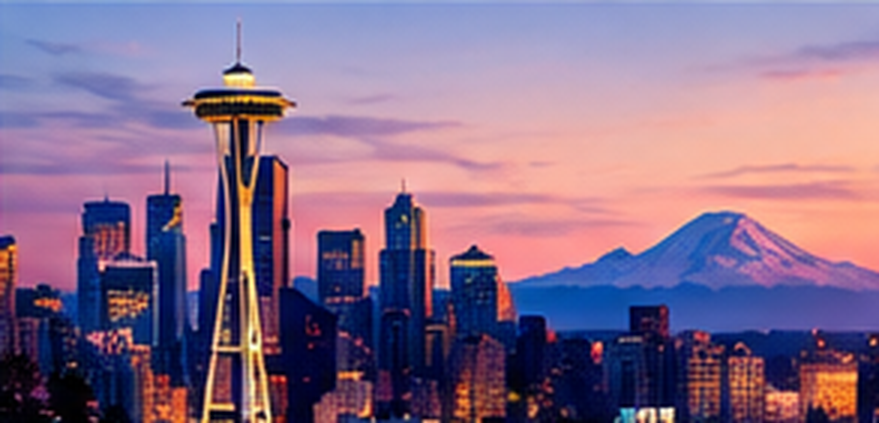 The Seattle skyline at dusk, with the Space Needle and Mount Rainier