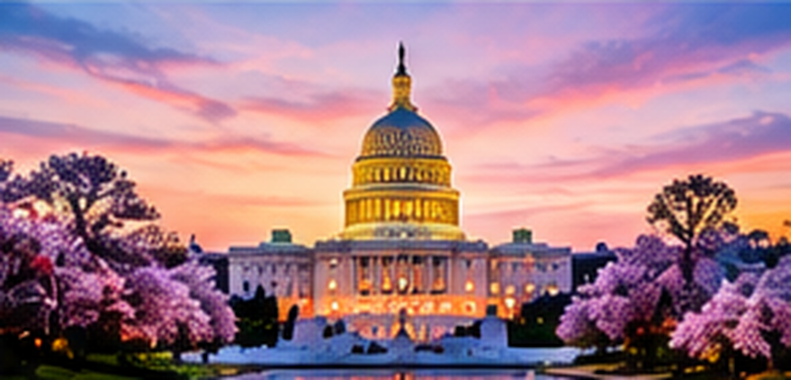 The US Capitol at dusk, framed by cherry blossoms